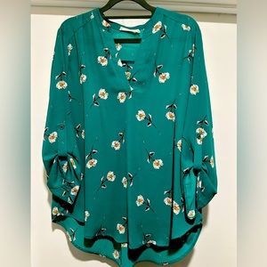 Lush Warren Split Neck Blouse, Size L, Teal floral, tunic length